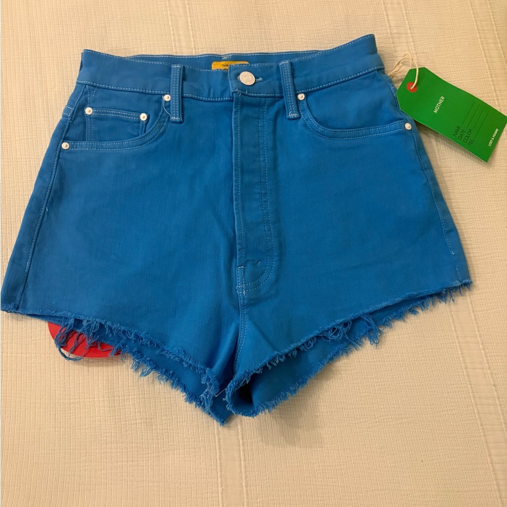 MOTHER Electric Blue High-Rise Cutoff Denim Shorts